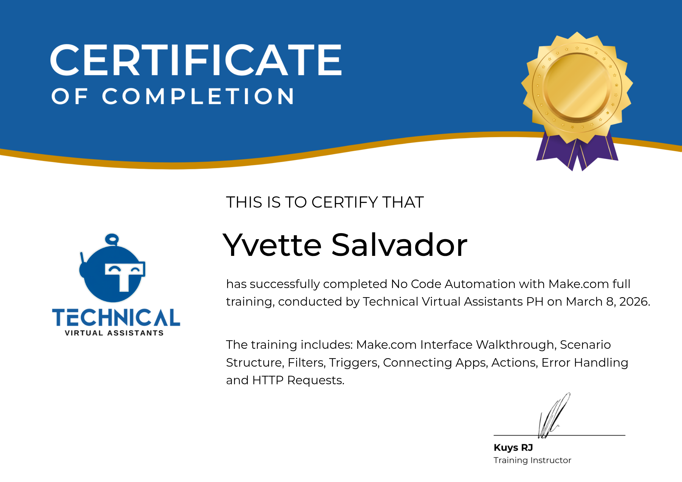 No Code Automation with Make.com certification — Technical Virtual Assistants PH