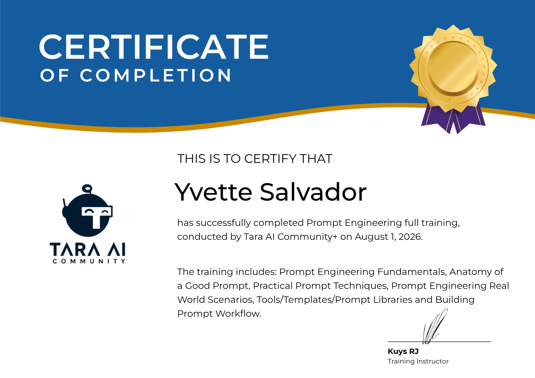 Prompt Engineering Full Training certification — Tara AI Community+