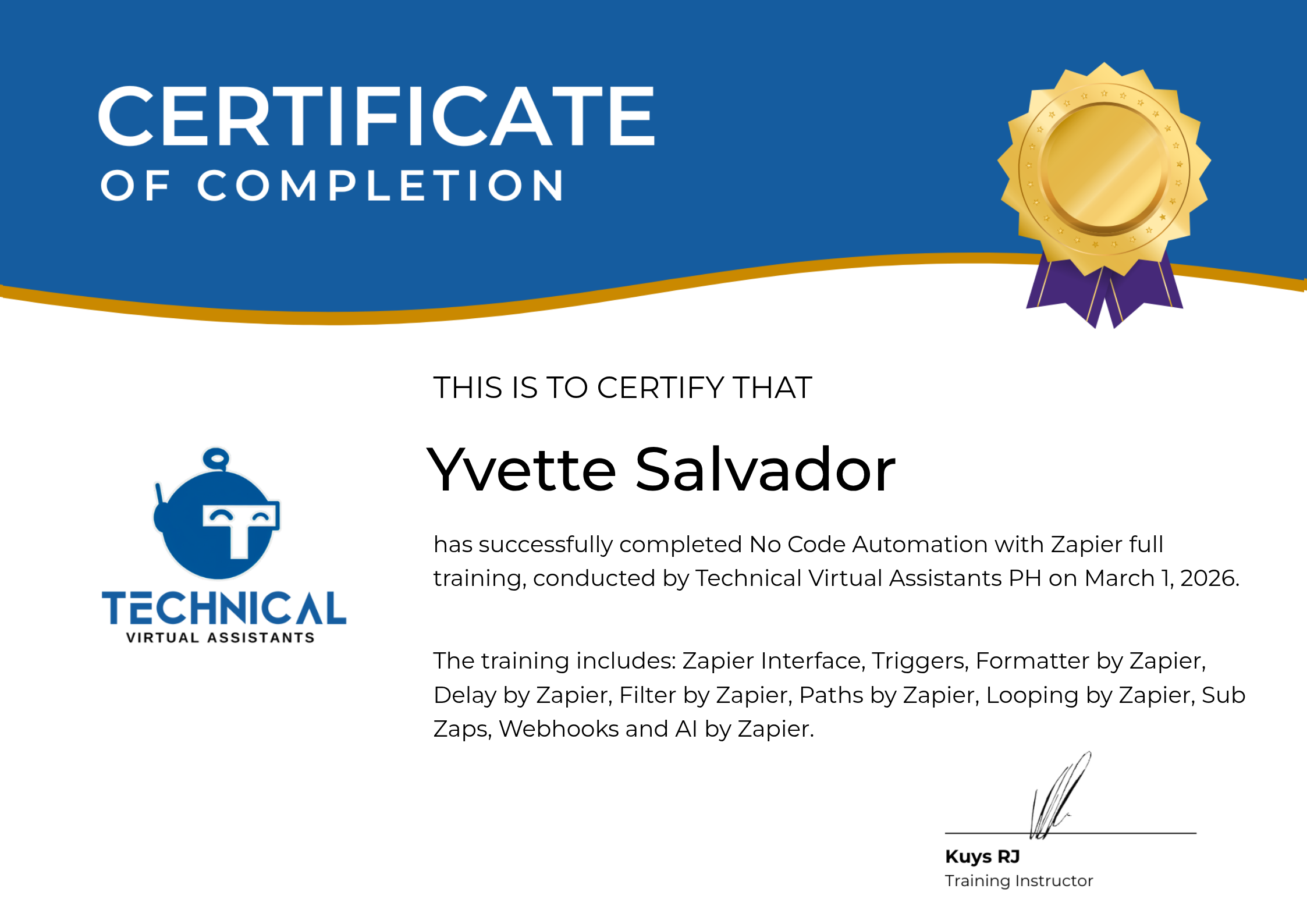 No Code Automation with Zapier certification — Technical Virtual Assistants PH